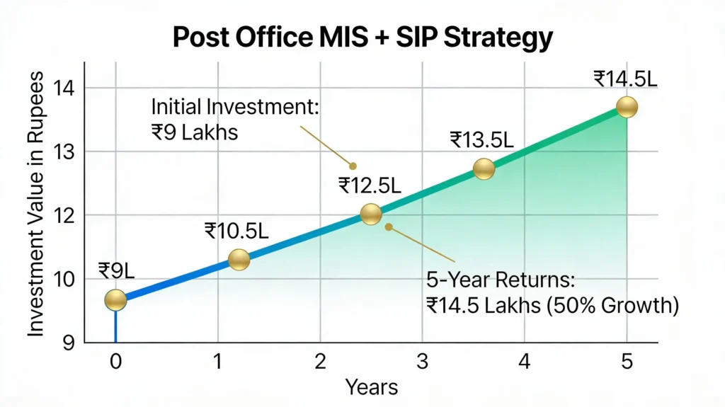 Post Office MIS 2025 | Monthly Income Scheme में ₹9 लाख तक निवेश करें, 7.4% रिटर्न पाएं 2 Post Office MIS income reinvested in mutual fund SIP growth chart - ₹9 lakhs to ₹14.5 lakhs over 5 years