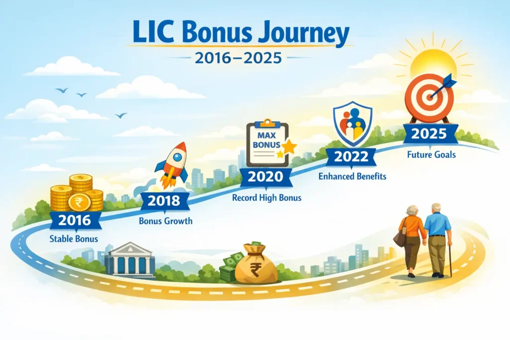 LIC Bonus Rates Last 10 Years: Trend Analysis, Examples & Investor Guide 2 LIC bonus journey 2016–2025